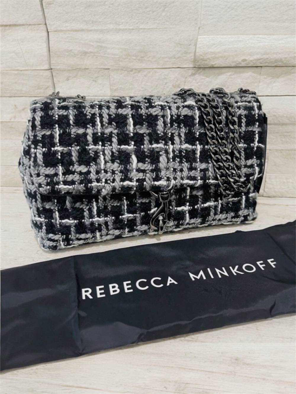 Rebecca Minkoff Edie Black Gray White Medium Tweed Boucle Crossbody Bag
